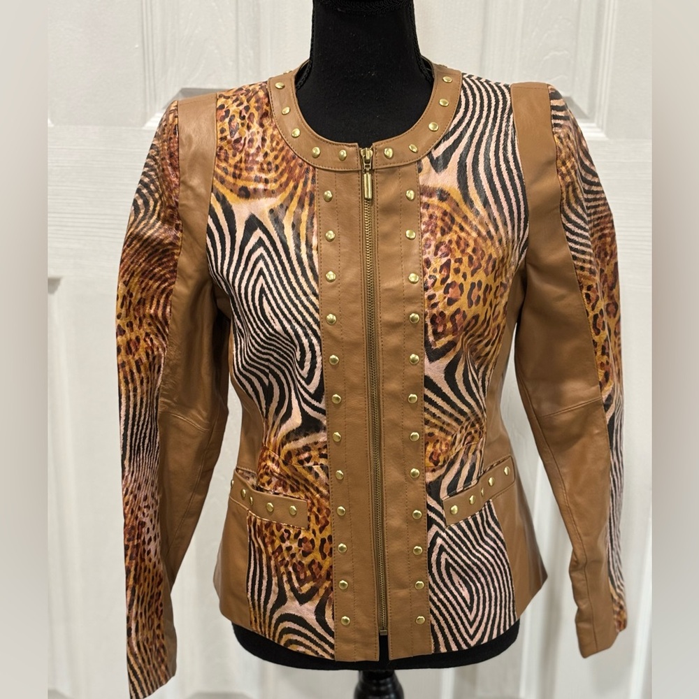 SHARIF COUTURE WOMENS VTG ANIMAL PRINT LEATHER JACKET SIZE XS